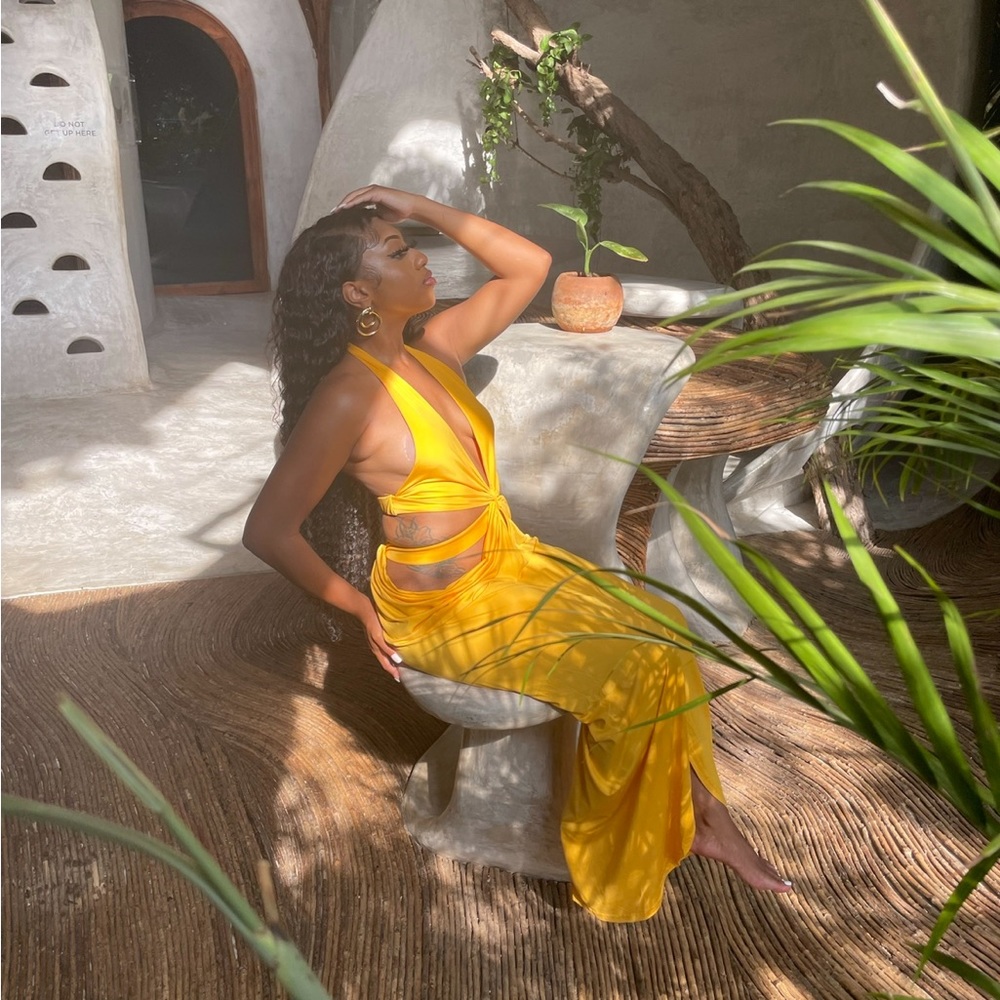 Golden Yellow Cut Out Detail Halter Dress